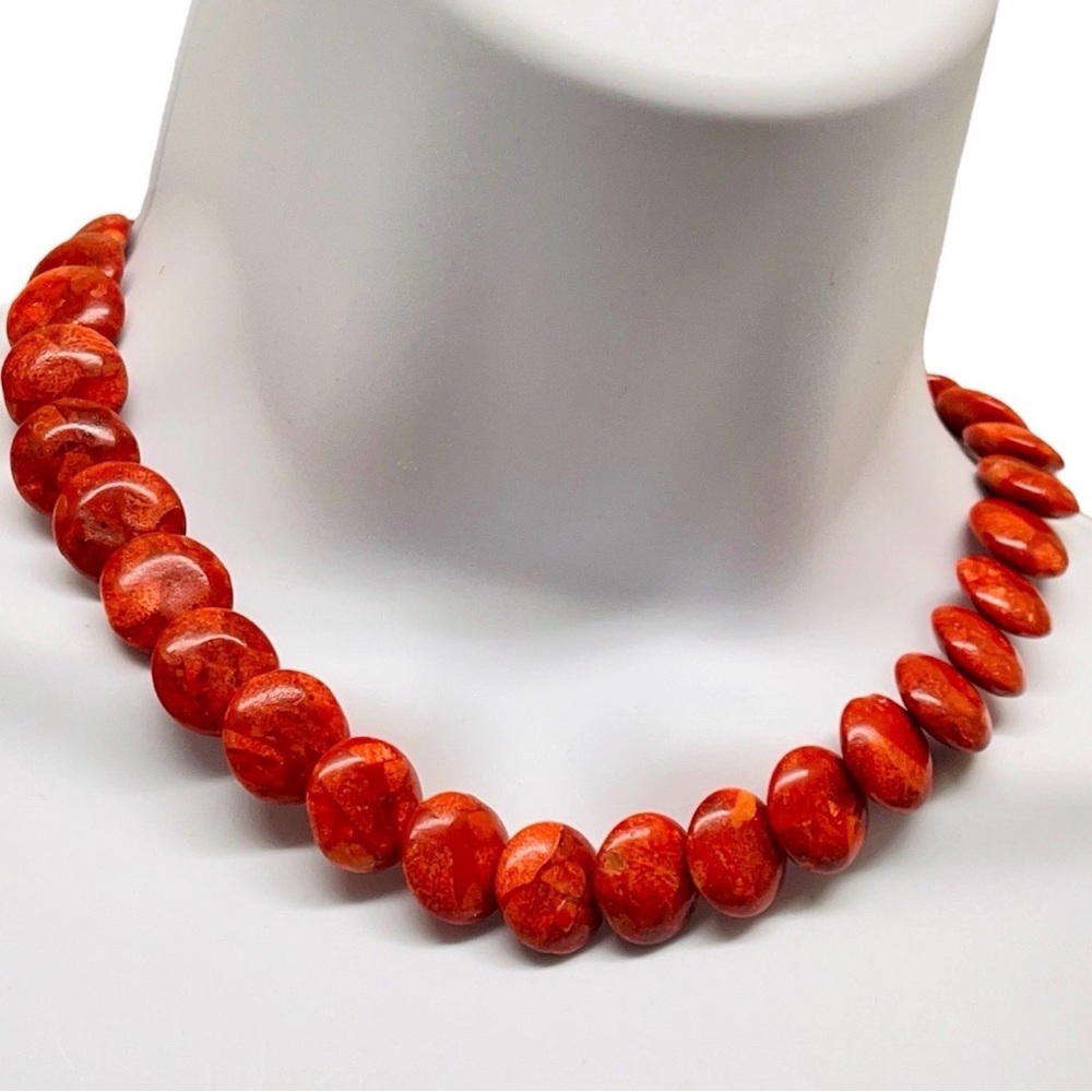 Artisan Red Sponge Coral Bead & Sterling Silver Necklace Chunky 16.5-18”